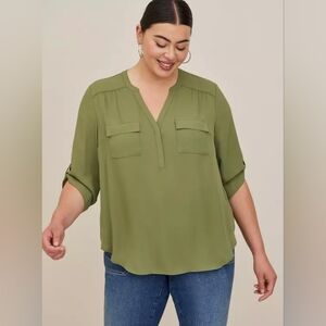Torrid Harper 3/4 Sleeve Pullover Blouse Olive